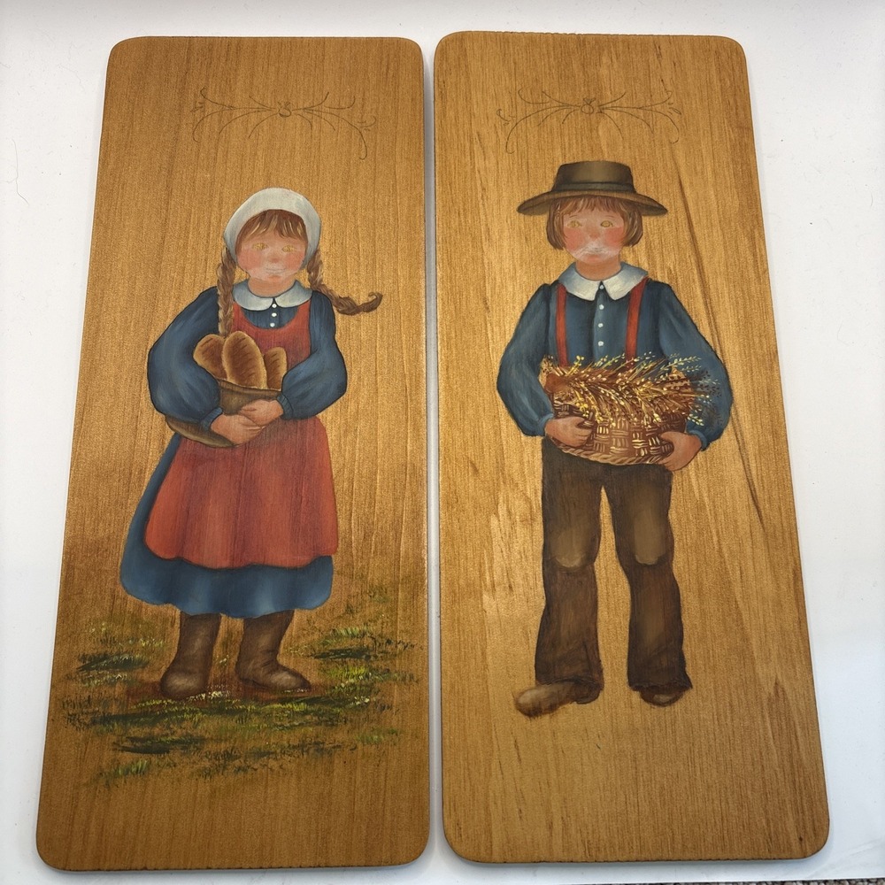 Vtg Amish Folk Art Wood Plaques Pair Hand Painted Country Boy Girl Wall Decor